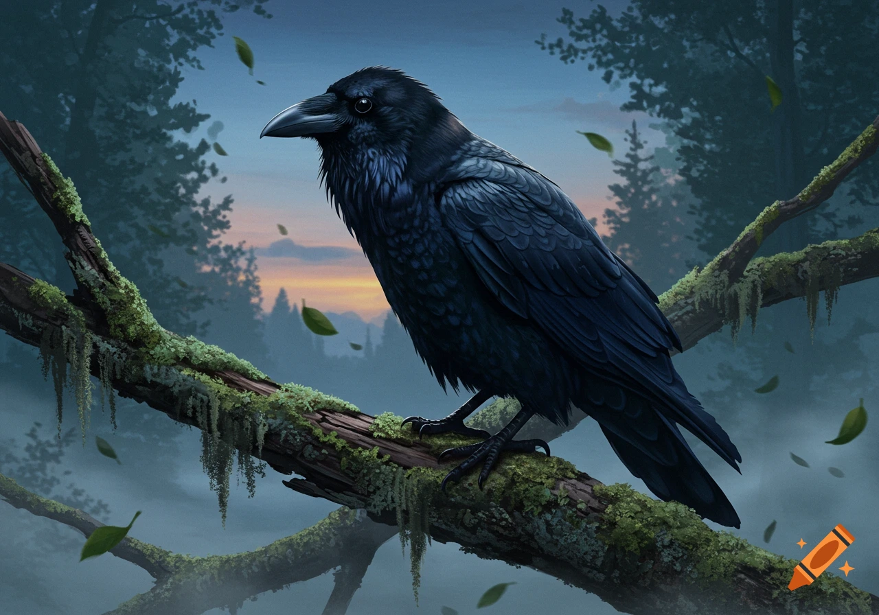 A detailed black raven perches on a moss-covered branch in a misty forest at sunset, with leaves falling around it. Digital painting.
