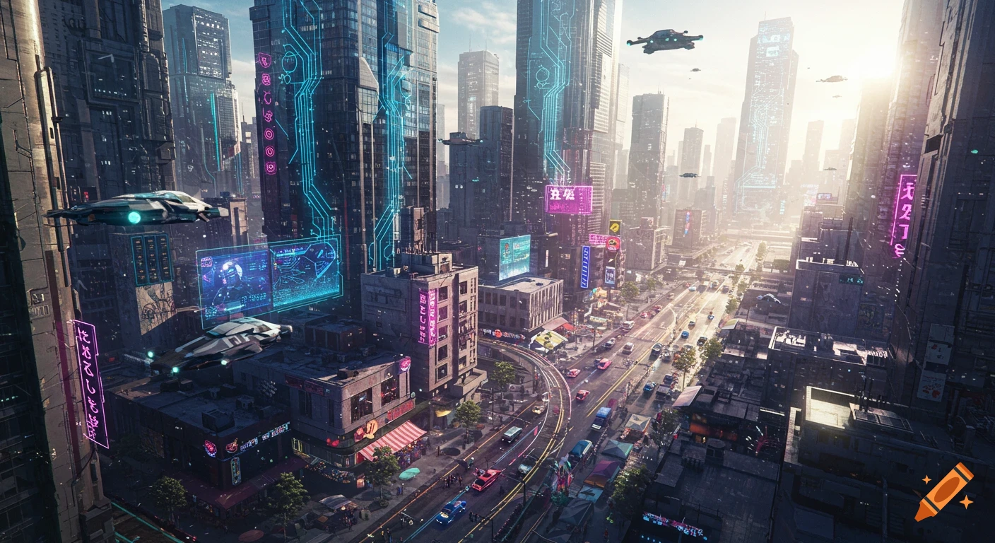 An aerial view of a bustling cyberpunk city at sunset, with futuristic skyscrapers, flying vehicles, and glowing neon signs.