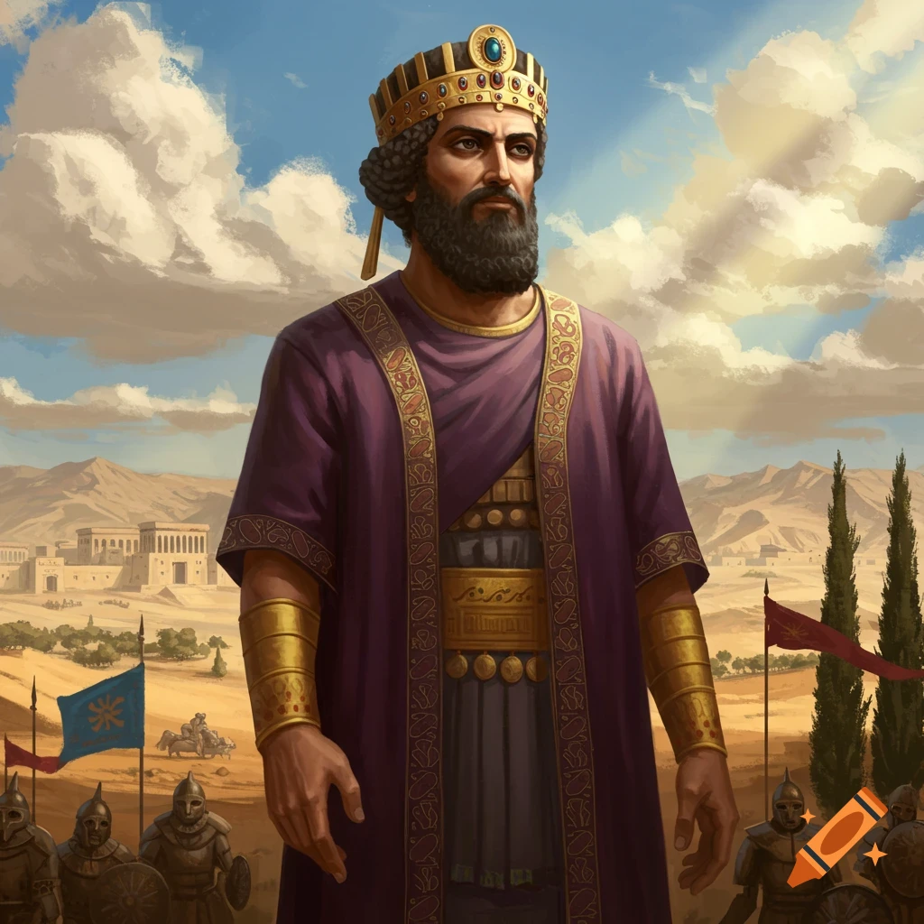A regal painting of an ancient king with a beard and golden crown, wearing a purple and gold robe, in a desert landscape with an ancient city and soldiers.