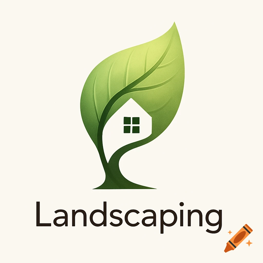 A green leaf logo with a white house silhouette carved out of its center, above the word "Landscaping" in dark text.