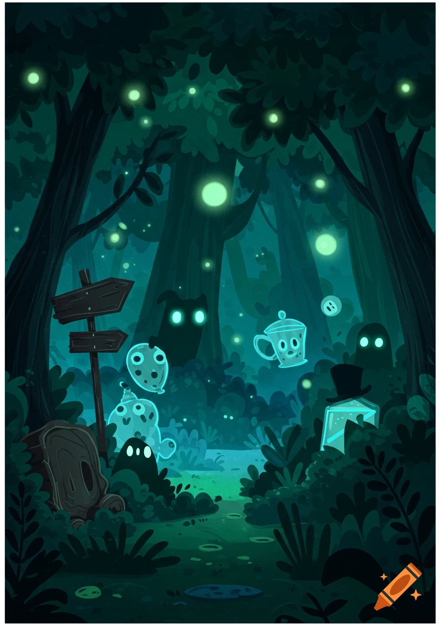 A whimsical cartoon illustration of a dark, enchanted forest at night with glowing trees and mysterious, ghost-like creatures.