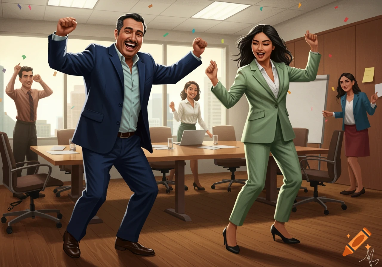 Business people celebrate cheerfully with confetti in a modern conference room.