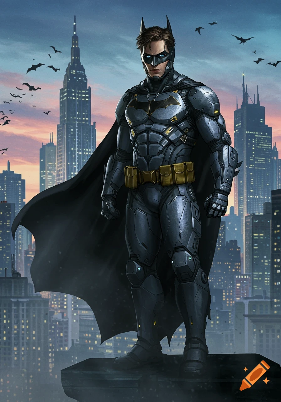 Batman in detailed combat armor stands on a rooftop overlooking a cityscape at dusk, with bats flying.