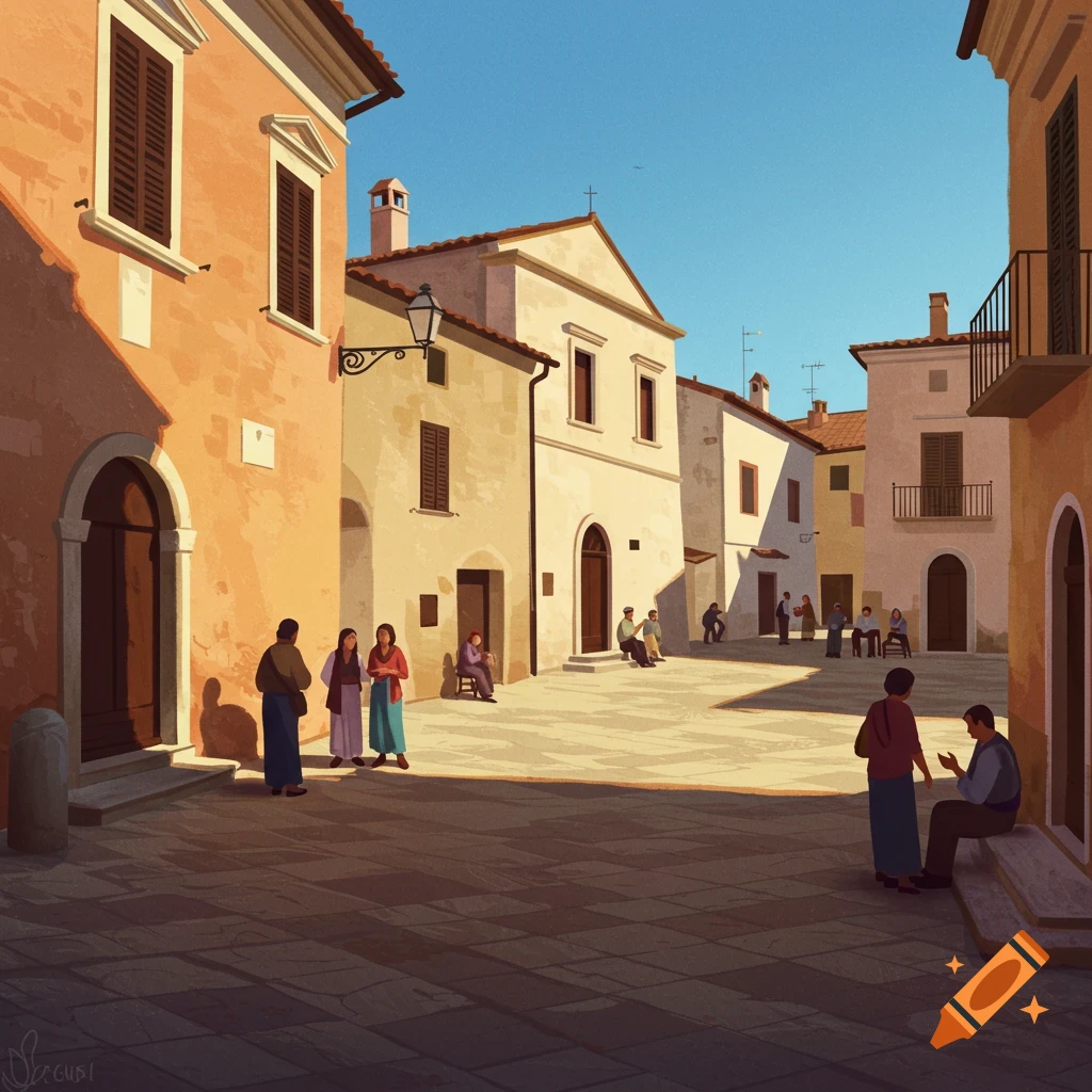 Illustration of a sunlit Italian village square with buildings and people.