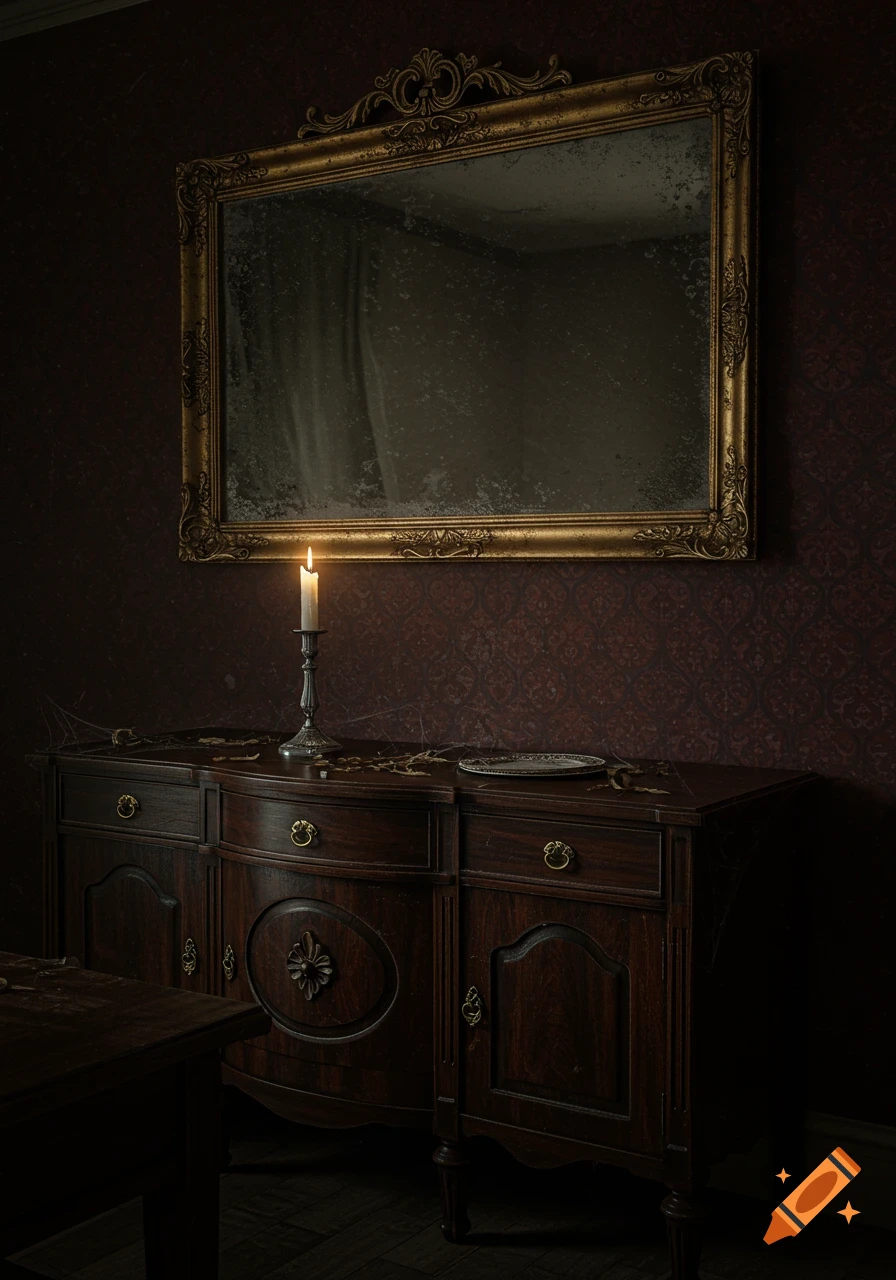 Photorealistic image of a dimly lit, macabre dining room with a dark wood buffet, a lit candle, and a dusty ornate mirror above.