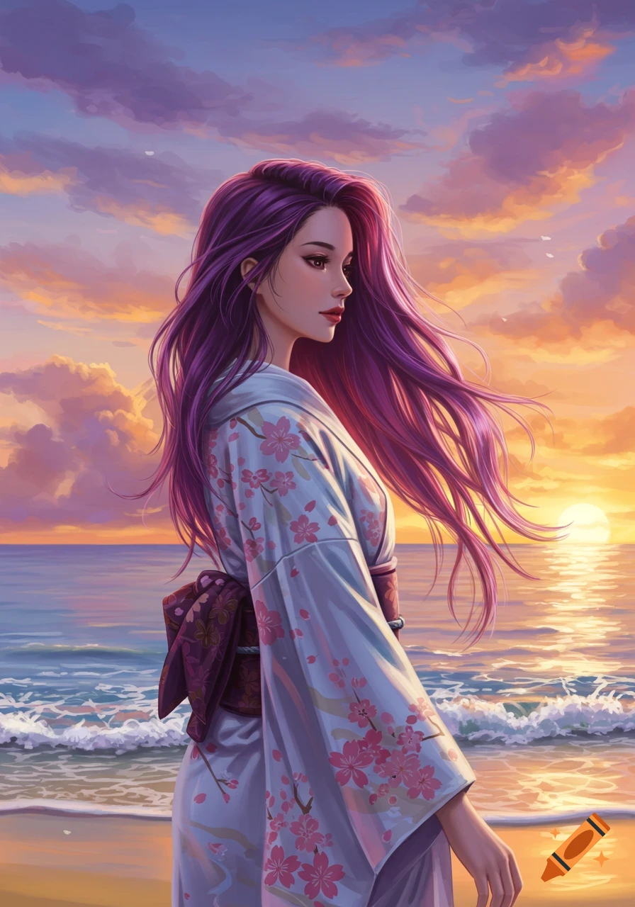 Digital painting of a Japanese woman with purple hair in a kimono, standing on a beach at sunset.