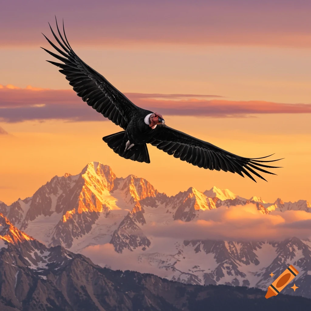 A majestic black condor with a white neck ruff soars over sunlit, snow-capped mountains at sunset.