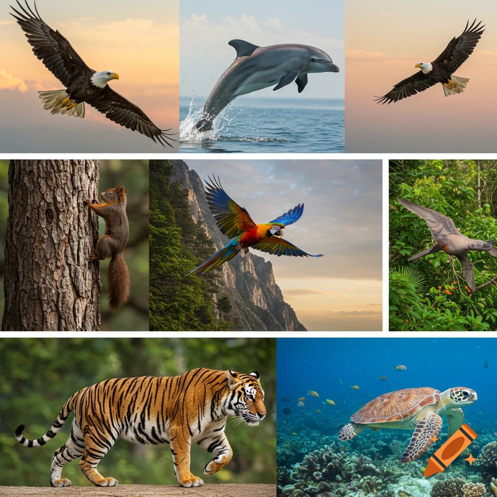 A collage of diverse animals, including eagles, a dolphin, a squirrel, a macaw, a tiger, and a sea turtle, engaged in various actions like flying, jumping, climbing, and swimming, all in natural settings.