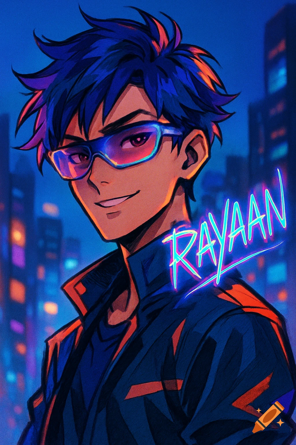 Anime boy with blue hair and futuristic glasses, smiling against a neon city backdrop, with the name RAYAAN in glowing letters.
