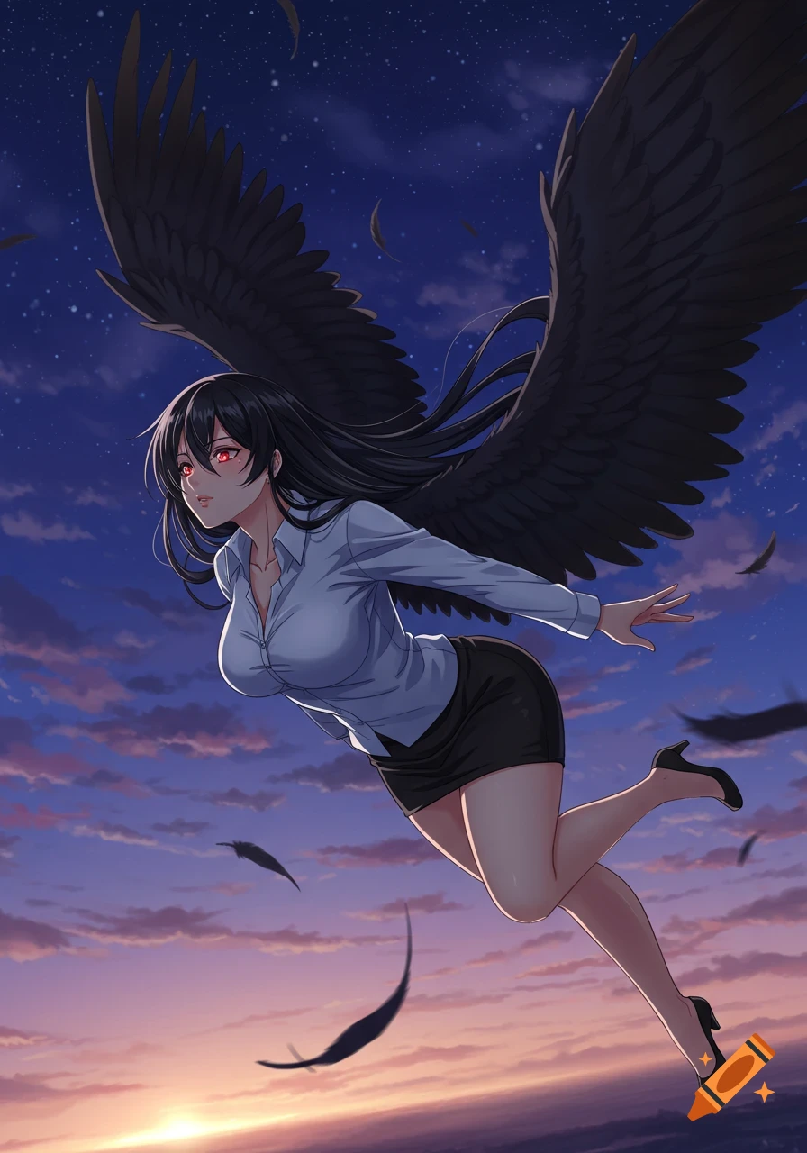 Anime woman with black wings, long black hair, and glowing red eyes, wearing a white shirt and black skirt, flying horizontally against a sunset sky.