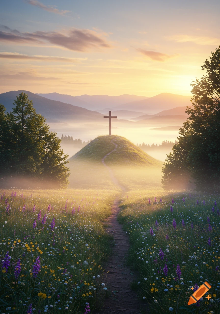 A photorealistic image of a cross on a grassy hill with a path leading to it, surrounded by wildflowers, trees, and misty mountains at sunrise.
