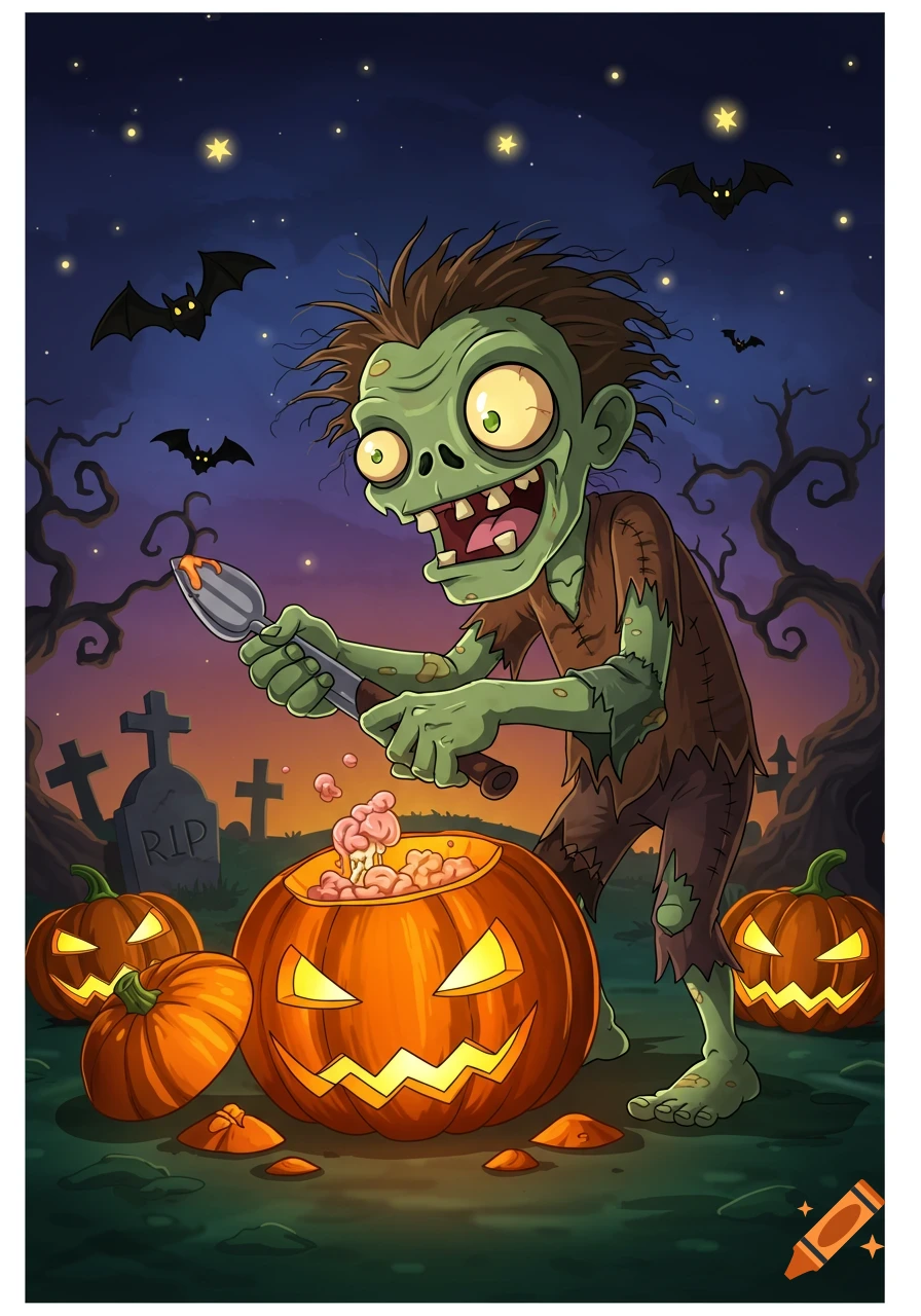 Cartoon zombie carving brains from a jack-o'-lantern in a spooky graveyard at night.