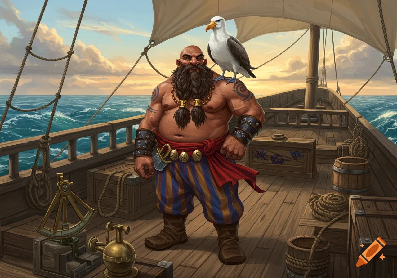 A bald, heavily-built dwarf with a long braided black beard and tattoos, wearing striped pants and a red sash, stands on a ship deck with a seagull on his shoulder. Stylized fantasy art.