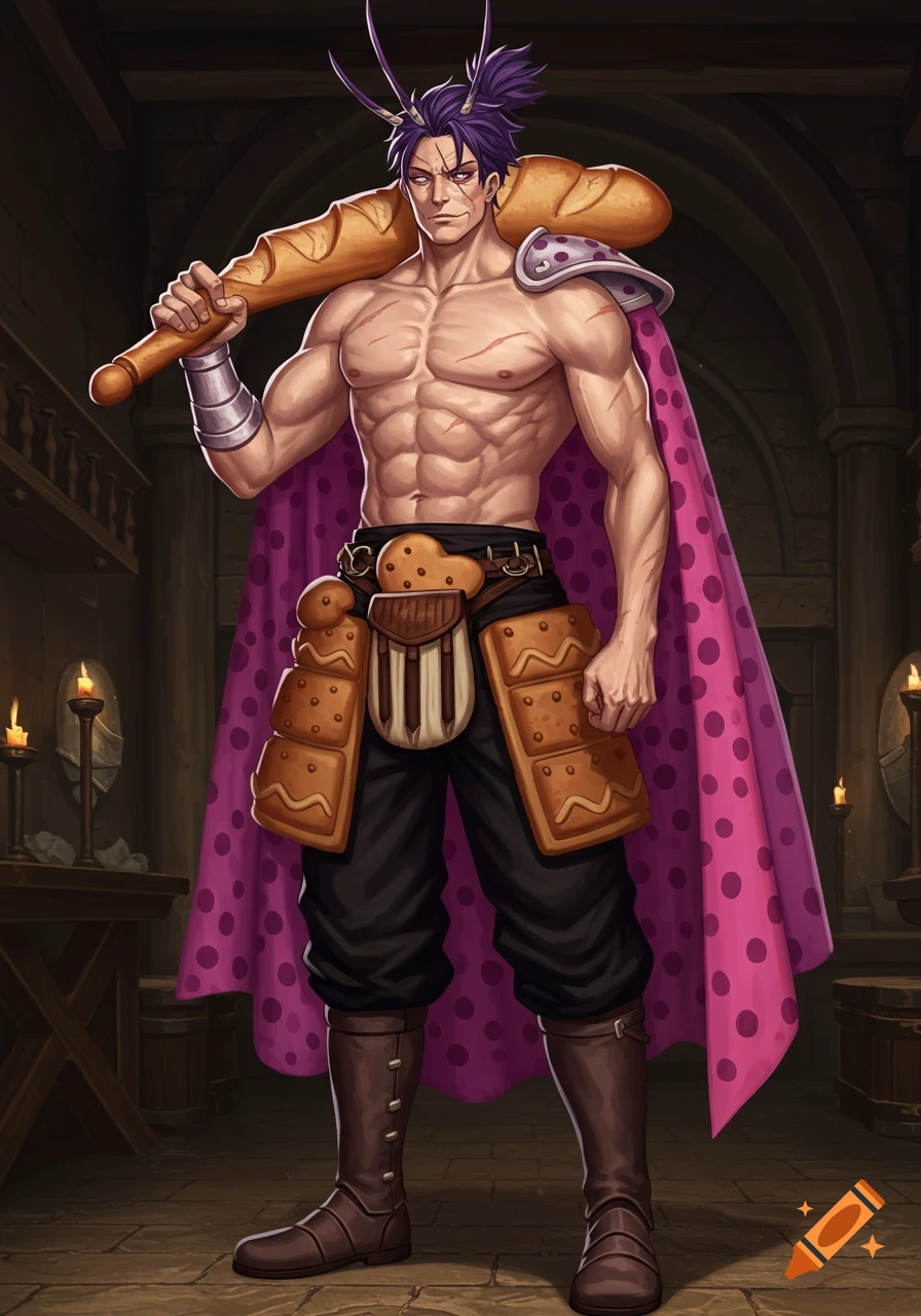 A muscular, shirtless man with purple hair and antennae holds a baguette over his shoulder, wearing biscuit armor and a pink polka dot cape.