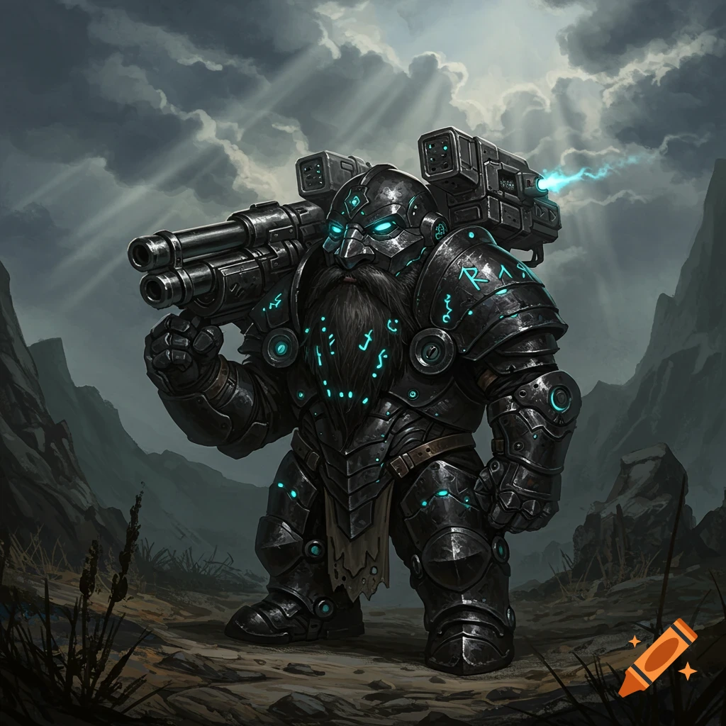 A dwarf-like figure in black power armor with glowing blue accents carries a large shoulder cannon in a desolate landscape under stormy skies.