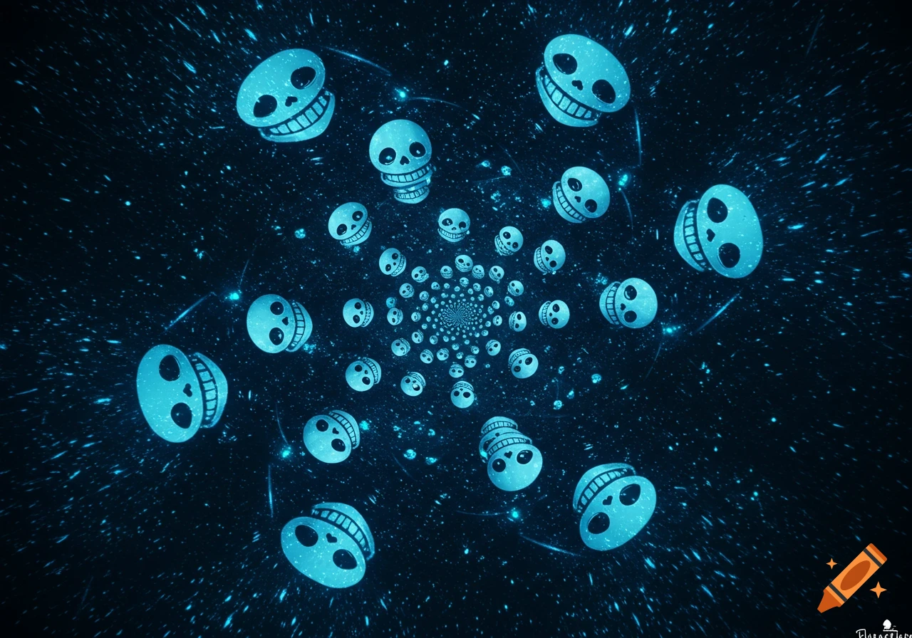 A blue fractal of Sans Undertale cartoon skulls swirling on a dark, starry background.