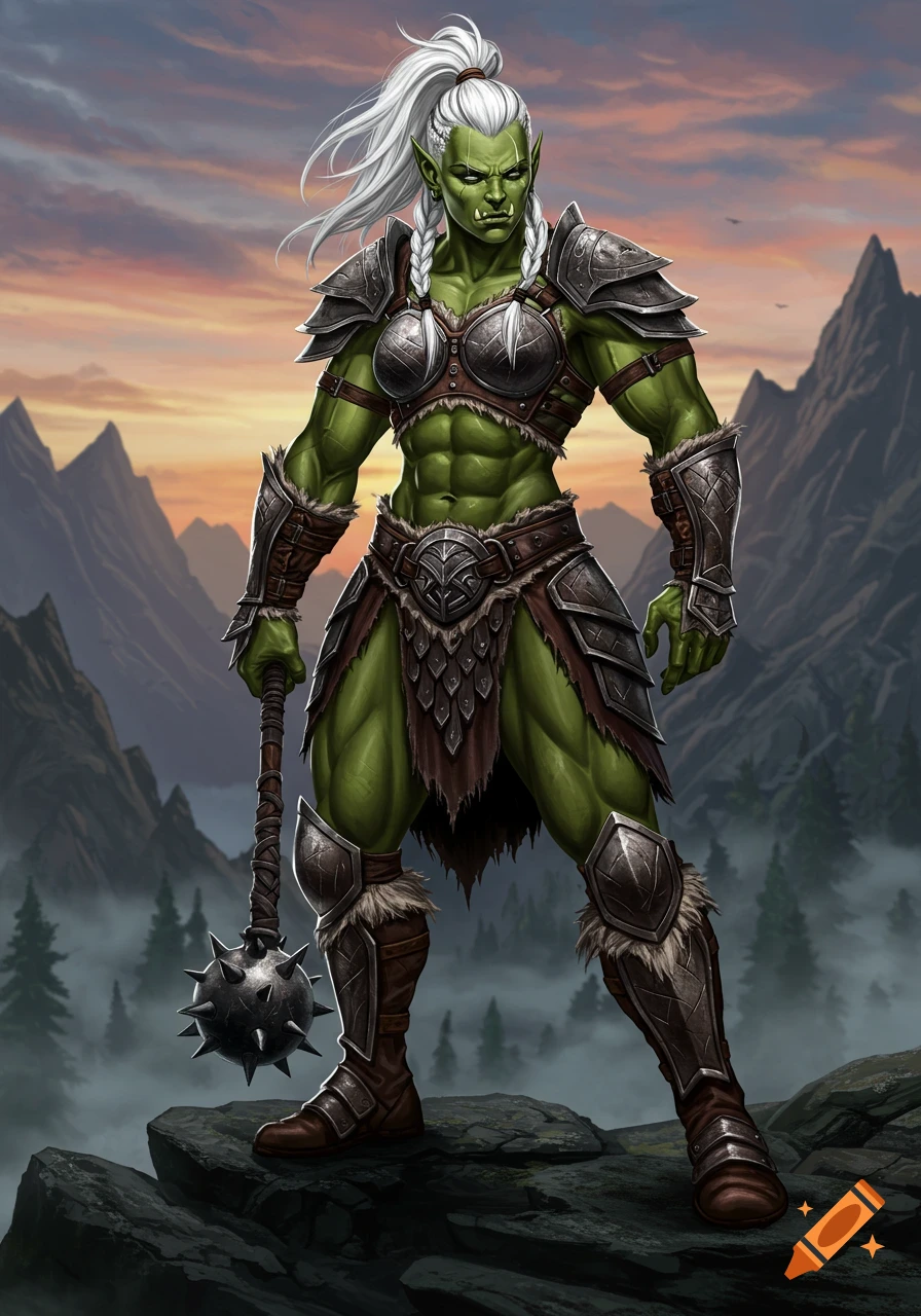 A muscular female orc berserker with green skin, white hair, and armor stands on a mountain with a mace, sunset sky.