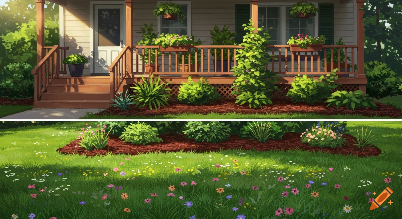 Painterly image of a house porch with potted plants, a garden bed, and a front lawn filled with colorful wildflowers.