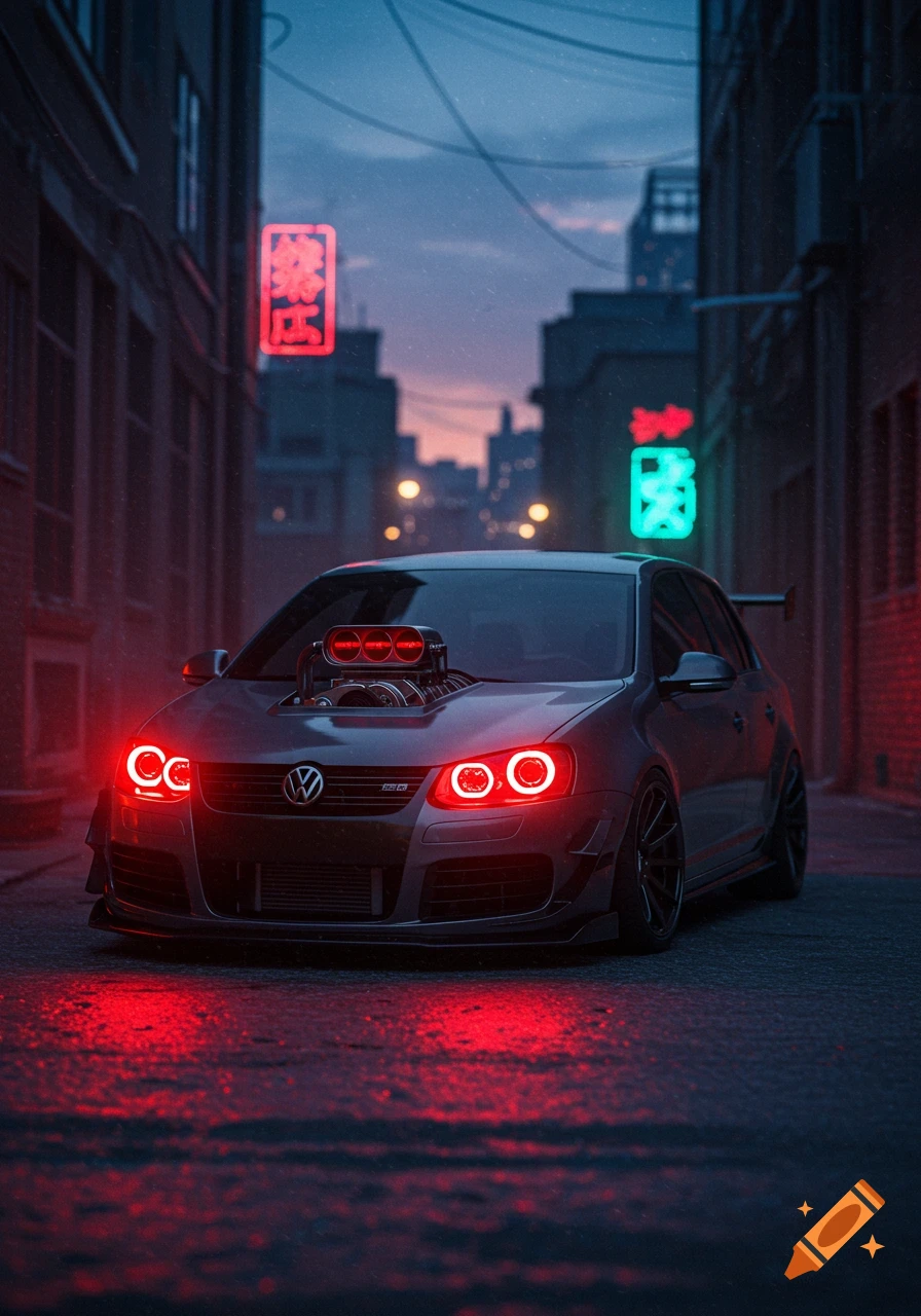 A customized grey Volkswagen Jetta with red halo headlights, supercharger, and spoiler, parked in a dark city alley with neon signs.