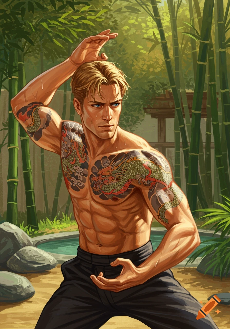A handsome, muscular, shirtless man with blond hair and blue eyes, covered in dragon tattoos, trains martial arts in a bamboo garden. Illustration.