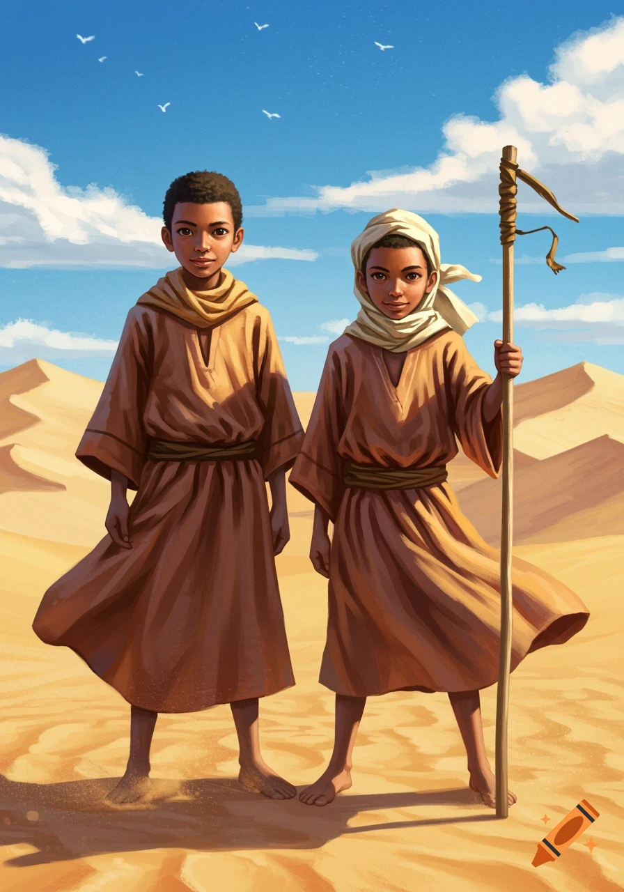 Illustration of two young boys in desert robes, one holding a staff, standing barefoot on sunny sand dunes.