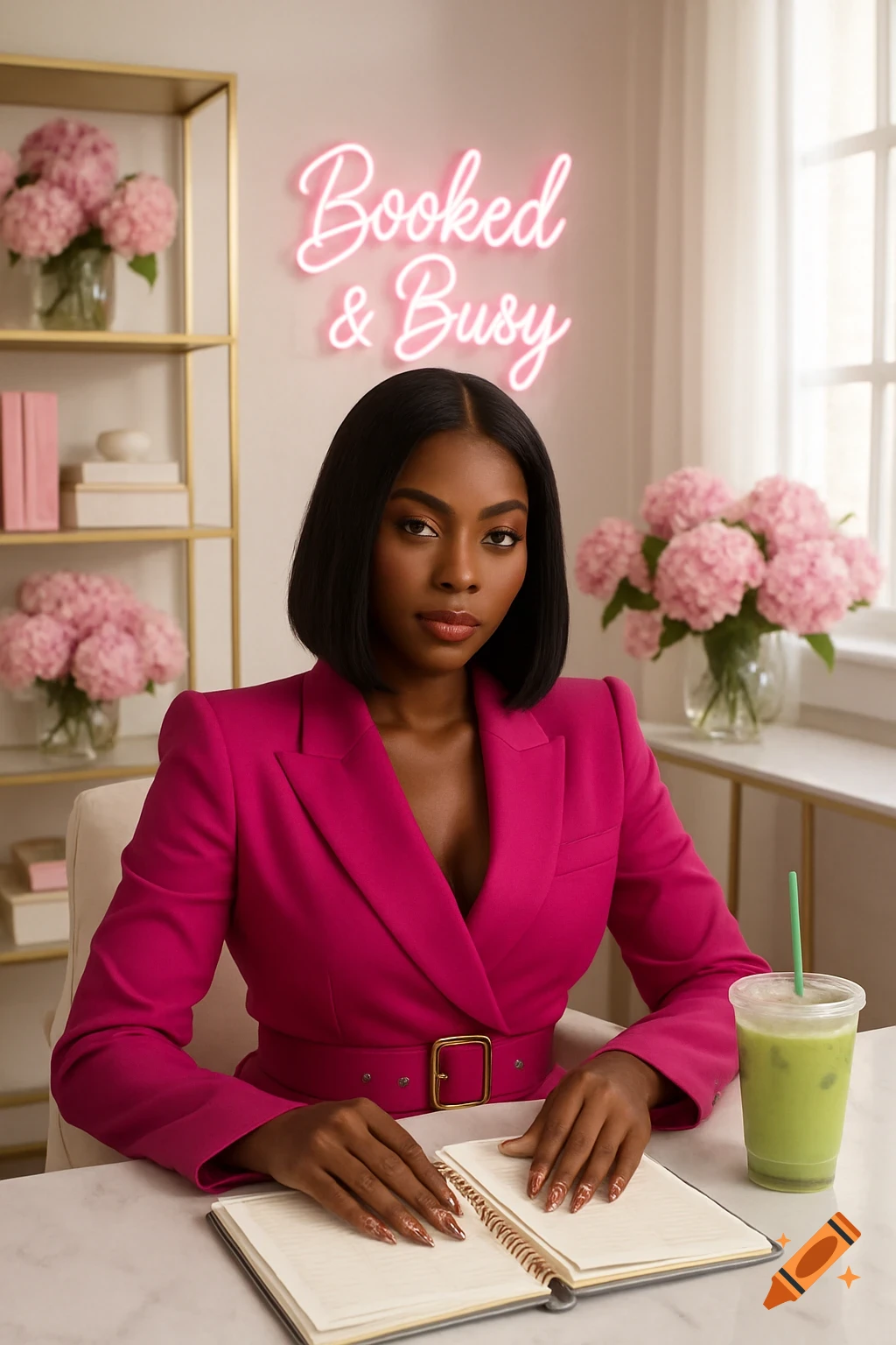 A confident Black CEO with a bob in a fuchsia power suit sits at a desk with a planner, iced matcha, and a "Booked & Busy" sign.