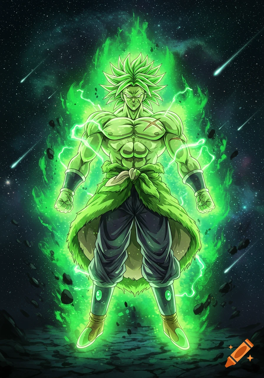 Muscular green-skinned anime character with spiky green hair glowing with green energy against a starry space background.