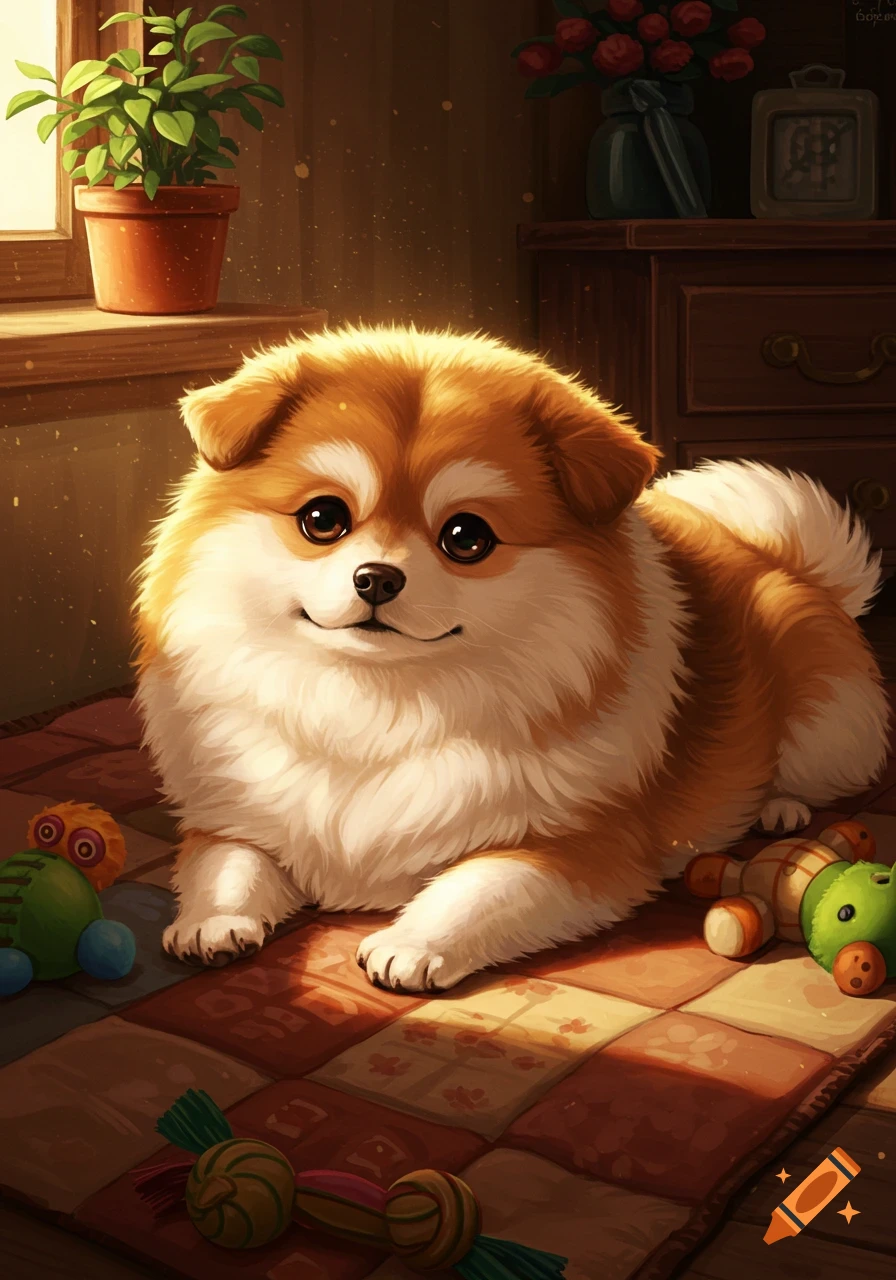 A cute, fluffy brown and white dog lies on a patterned rug with toys in a warm, illustrated indoor scene.