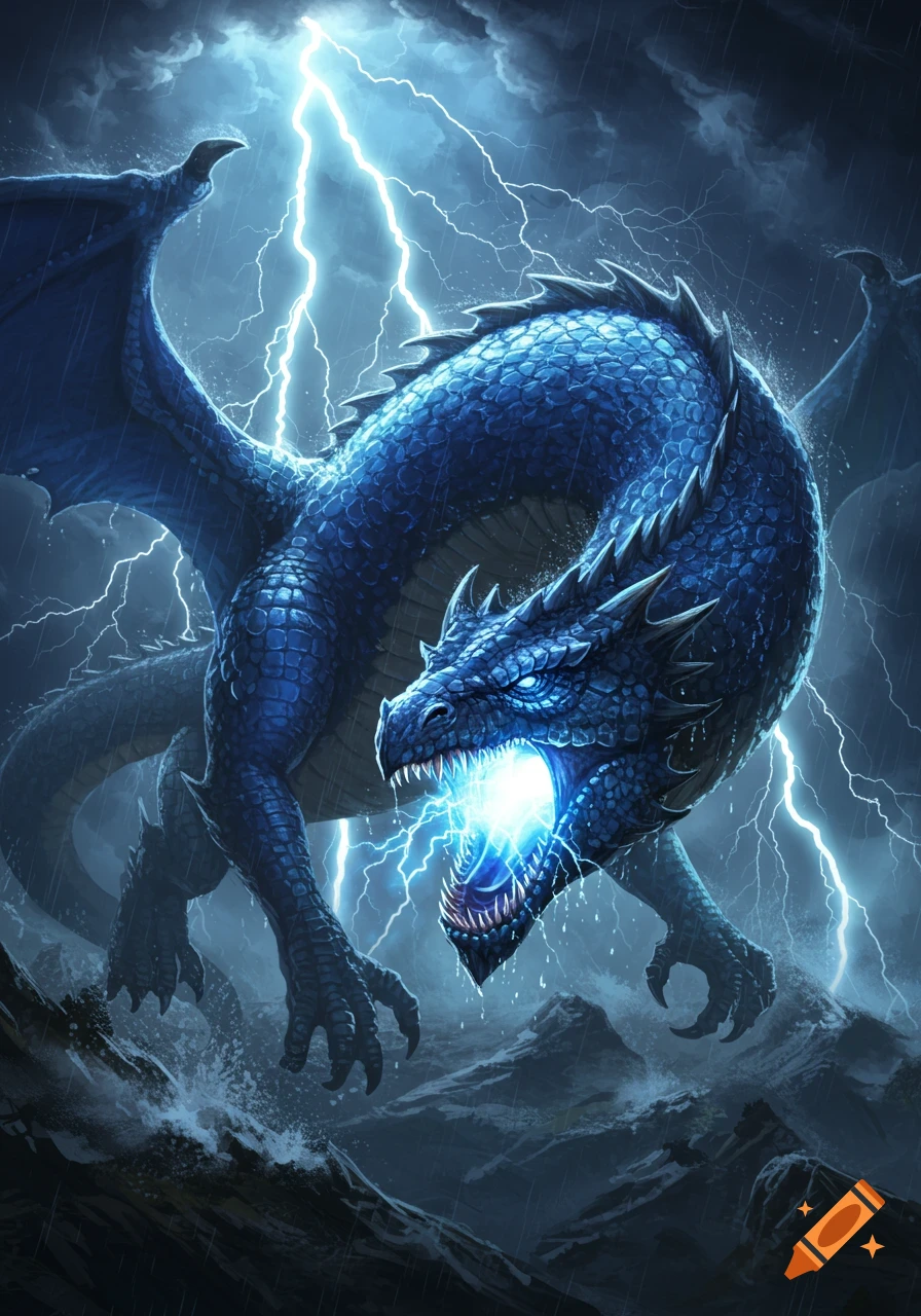 A massive blue dragon with glowing electrical energy in its mouth flies through a dark, violent lightning storm.