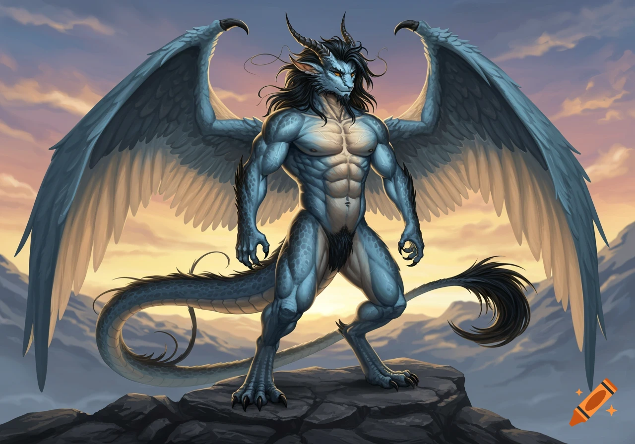 A muscular, light azure anthro dragon with large wings and horns stands on a rocky peak at sunset.