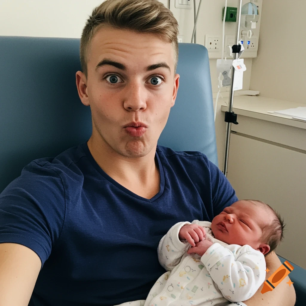 A young man with blonde hair and blue eyes makes a funny face while holding a sleeping newborn baby in a hospital room.