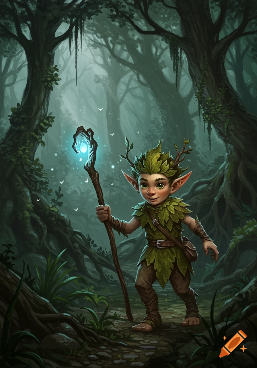 A youthful forest gnome wearing leaf armor and carrying a glowing magical staff stands in a mystical forest.