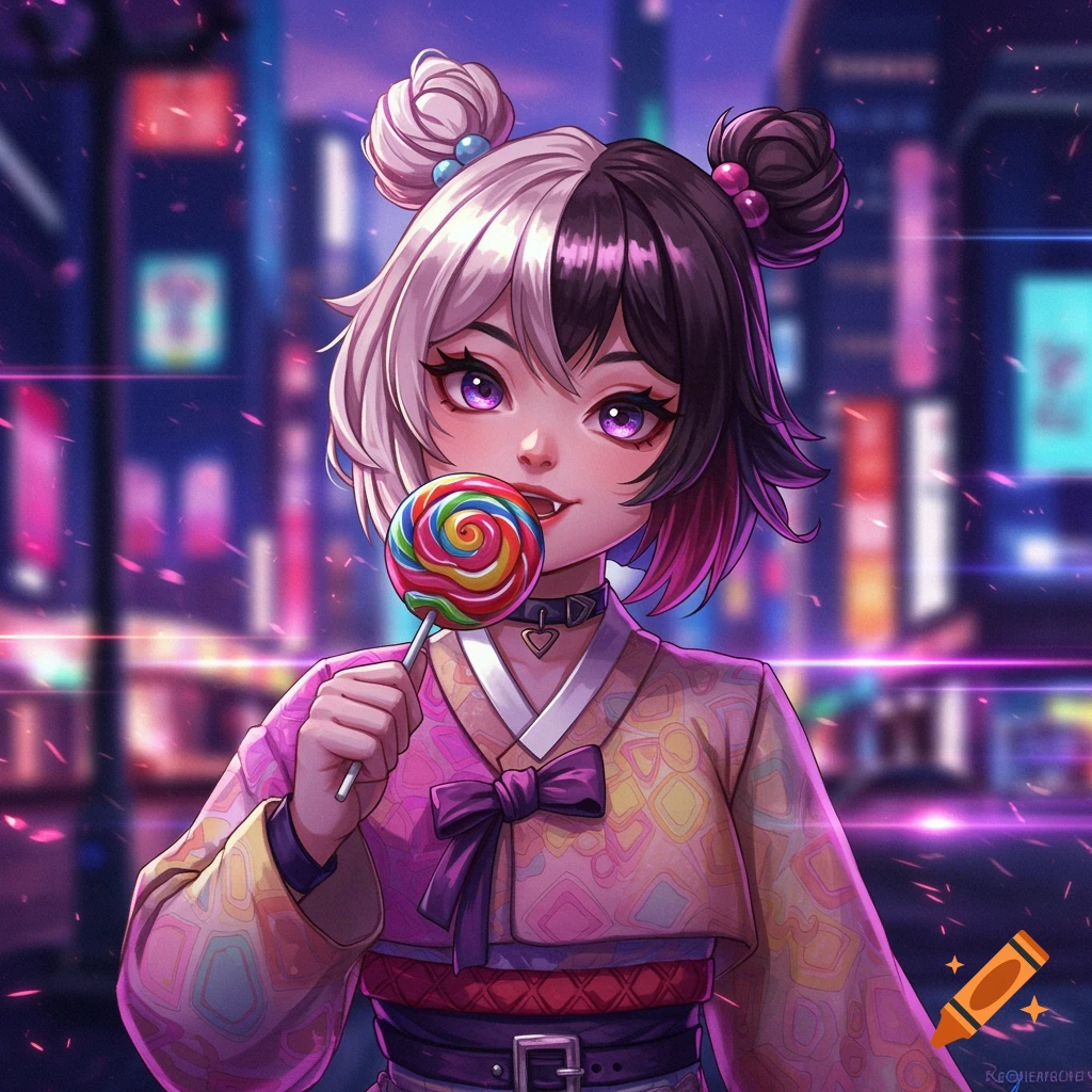 Anime girl with split black and white hair, in a colorful kimono, holding a rainbow lollipop, with a blurred neon city background.