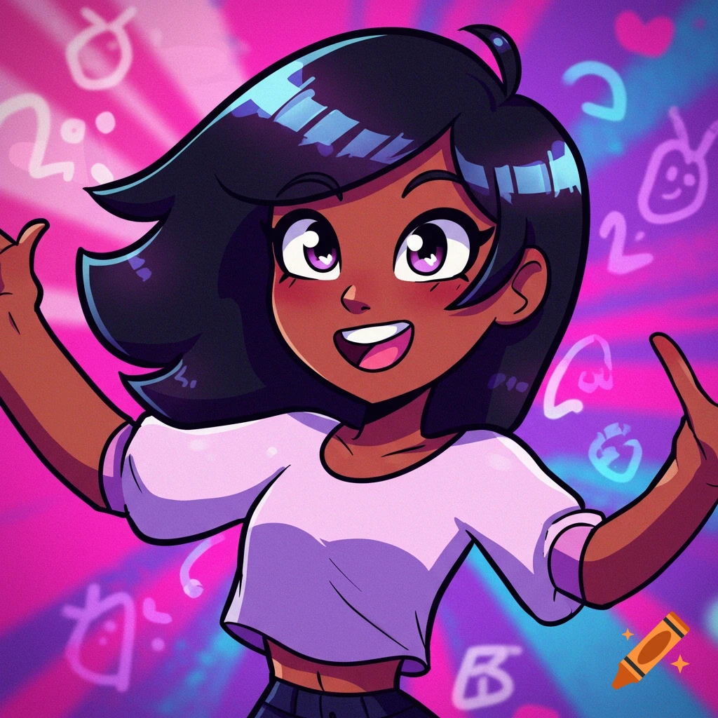 A dark-skinned cartoon girl with short dark hair and purple eyes, wearing a pink crop top, smiling and gesturing with hands raised.