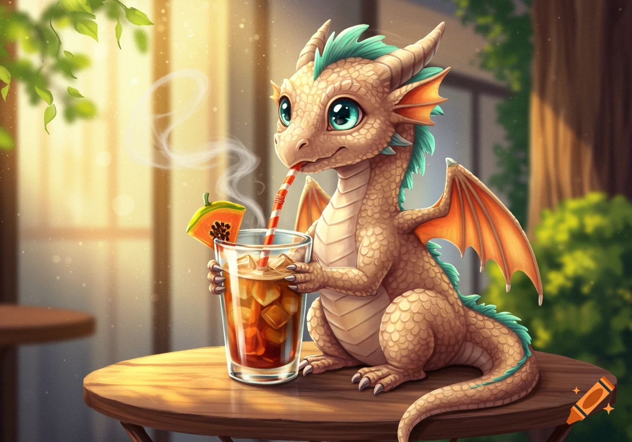 A cute cartoon dragon with large green eyes sips an iced drink through a red and white straw while sitting at a wooden table, in a warm, sunny setting.