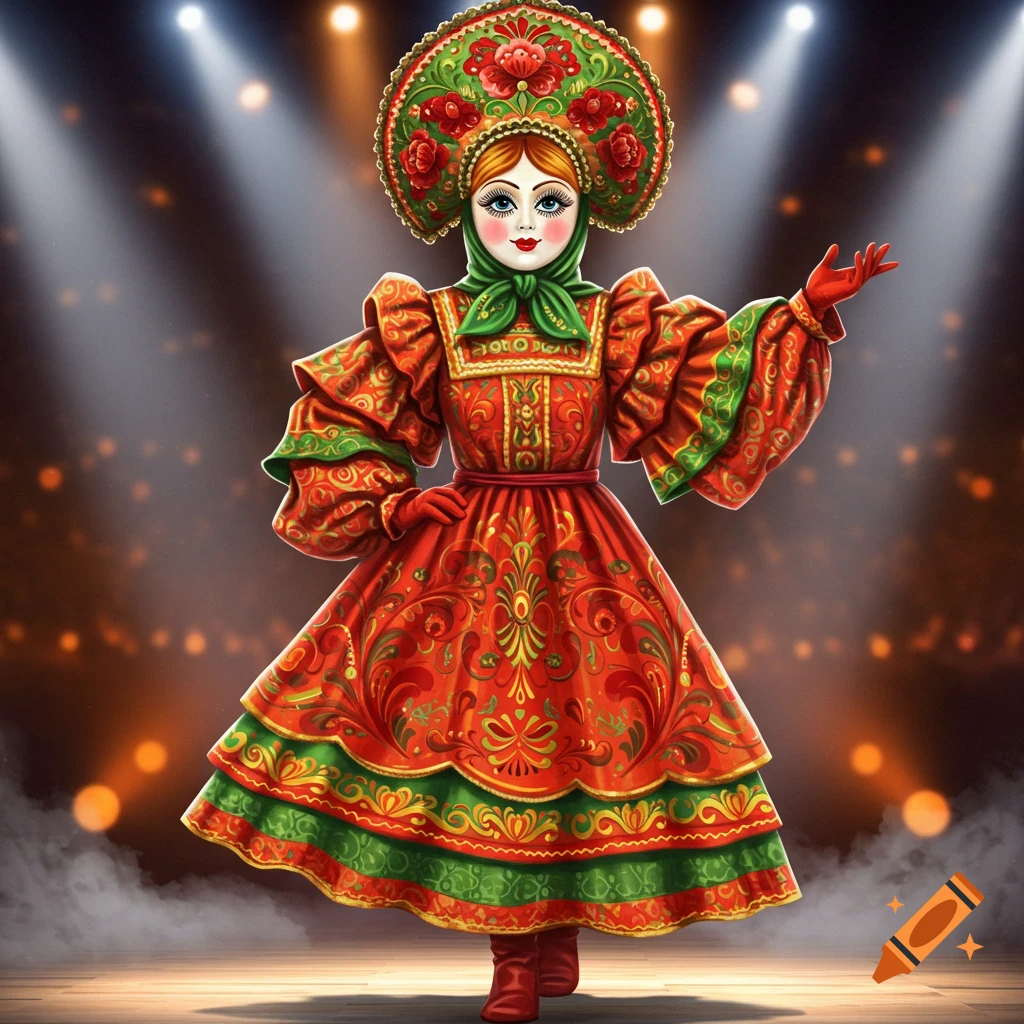 A vibrant cartoonish character dressed in a red, green, and gold Russian doll costume with a matching elaborate kokoshnik, standing on a stage under spotlights.
