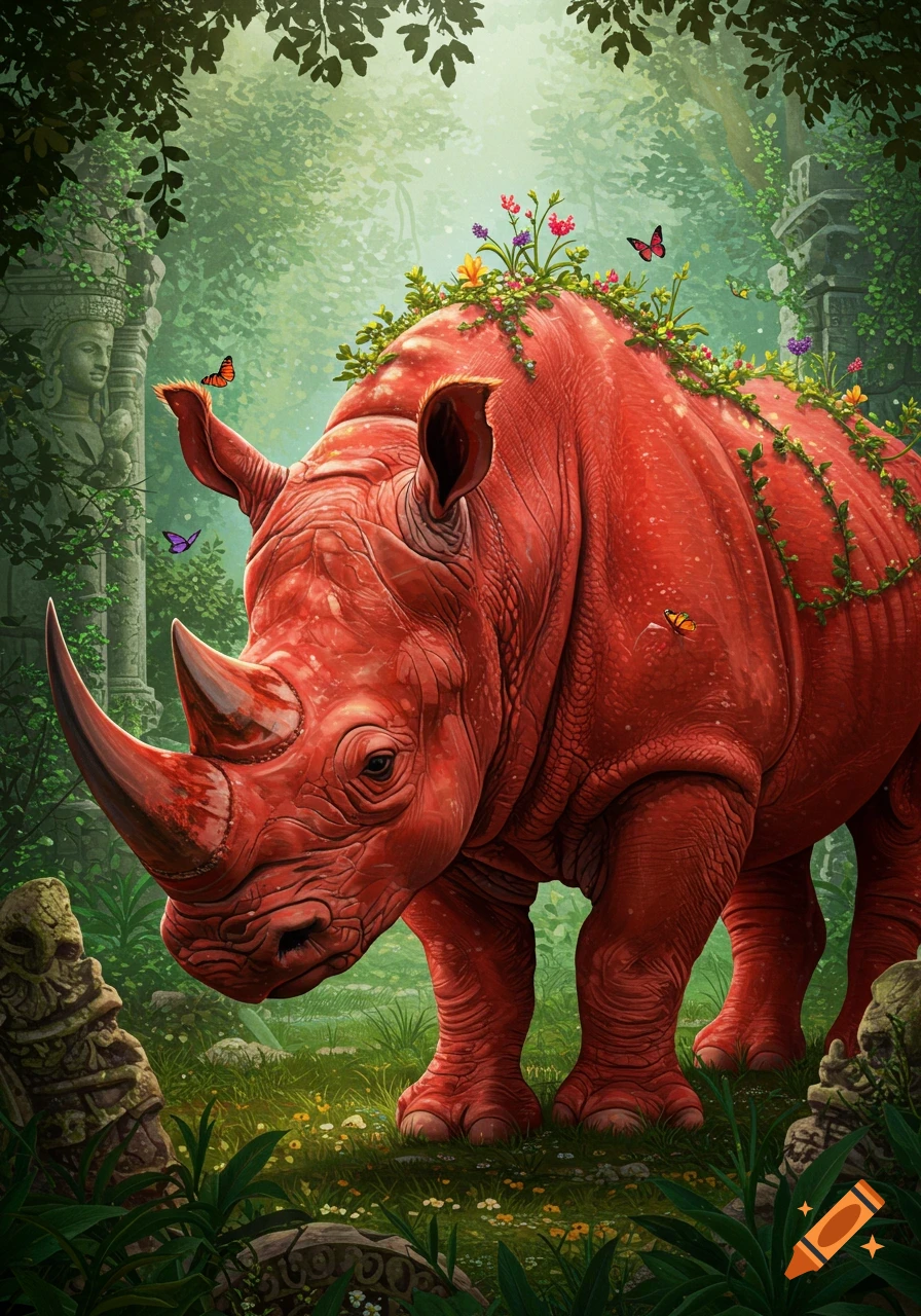 A vibrant red rhinoceros adorned with flowers and vines stands in a lush jungle with ancient ruins and butterflies.