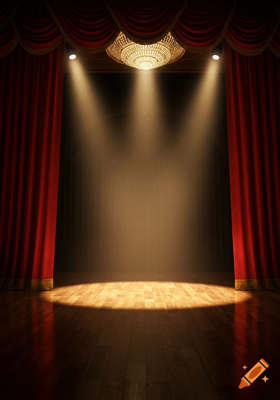 Empty theater stage with red velvet curtains, a crystal chandelier, and spotlights illuminating the wooden floor.