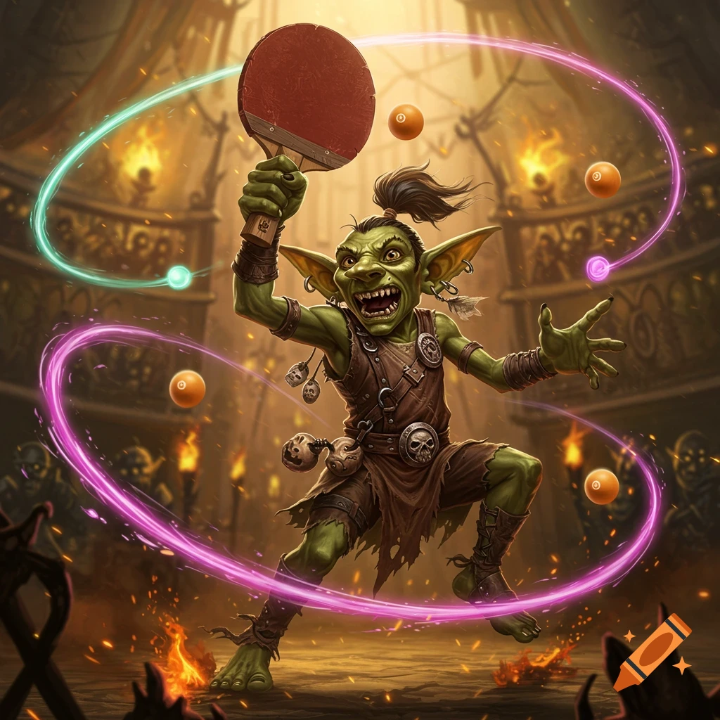 A fantasy goblin in an action pose wields a ping pong paddle amidst glowing orbs and fire in a dark arena.
