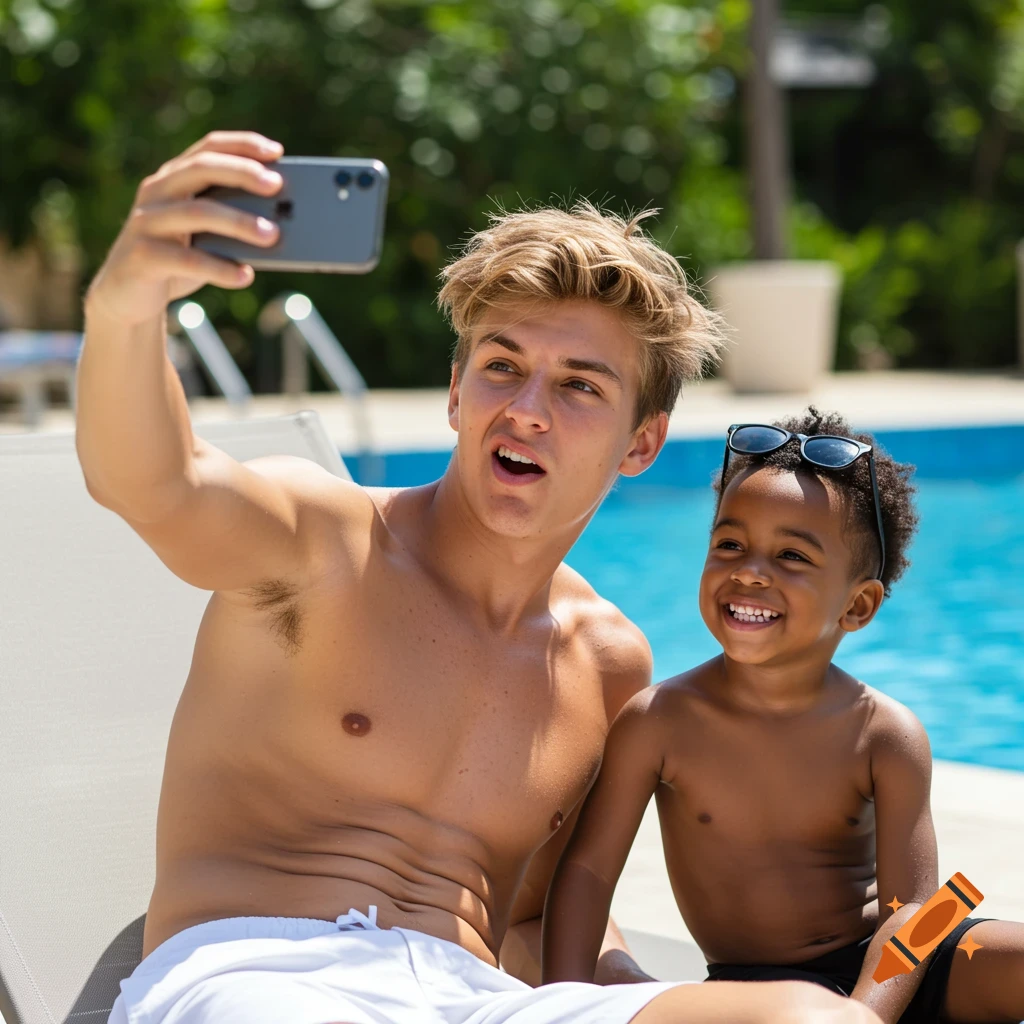 Young man and a boy taking a selfie by a swimming pool, both smiling in the sunshine.