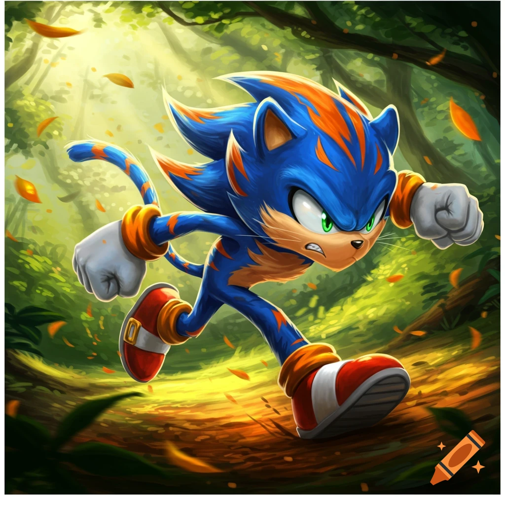 Blue and orange striped tiger-like character, resembling Sonic, running through a sunlit forest with fallen leaves.