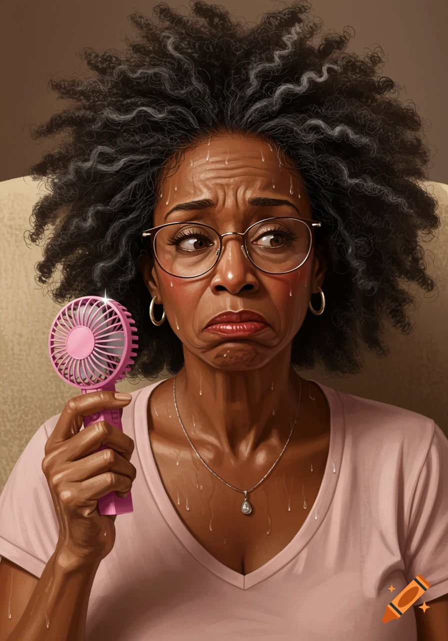 A weary Black woman with curly hair and glasses holds a pink fan, sweating profusely from a hot flash.
