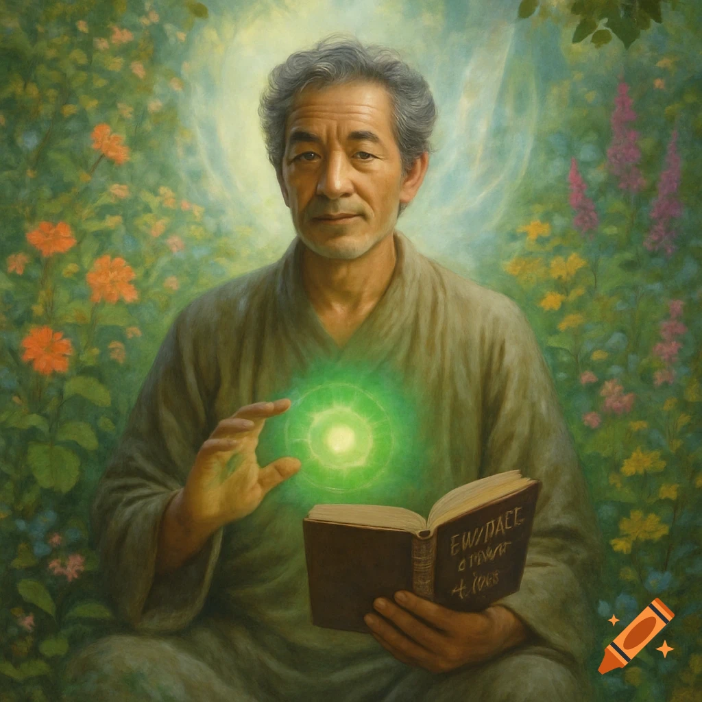 A wise man with gray hair sits in a lush garden, holding an open book and a glowing green orb, with an ethereal light around him in a painterly style.