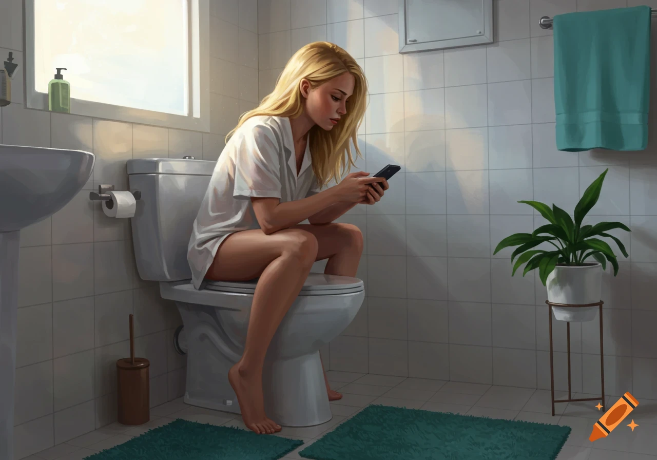 A blonde woman in a white shirt sits on a toilet in a bathroom, looking at her smartphone.