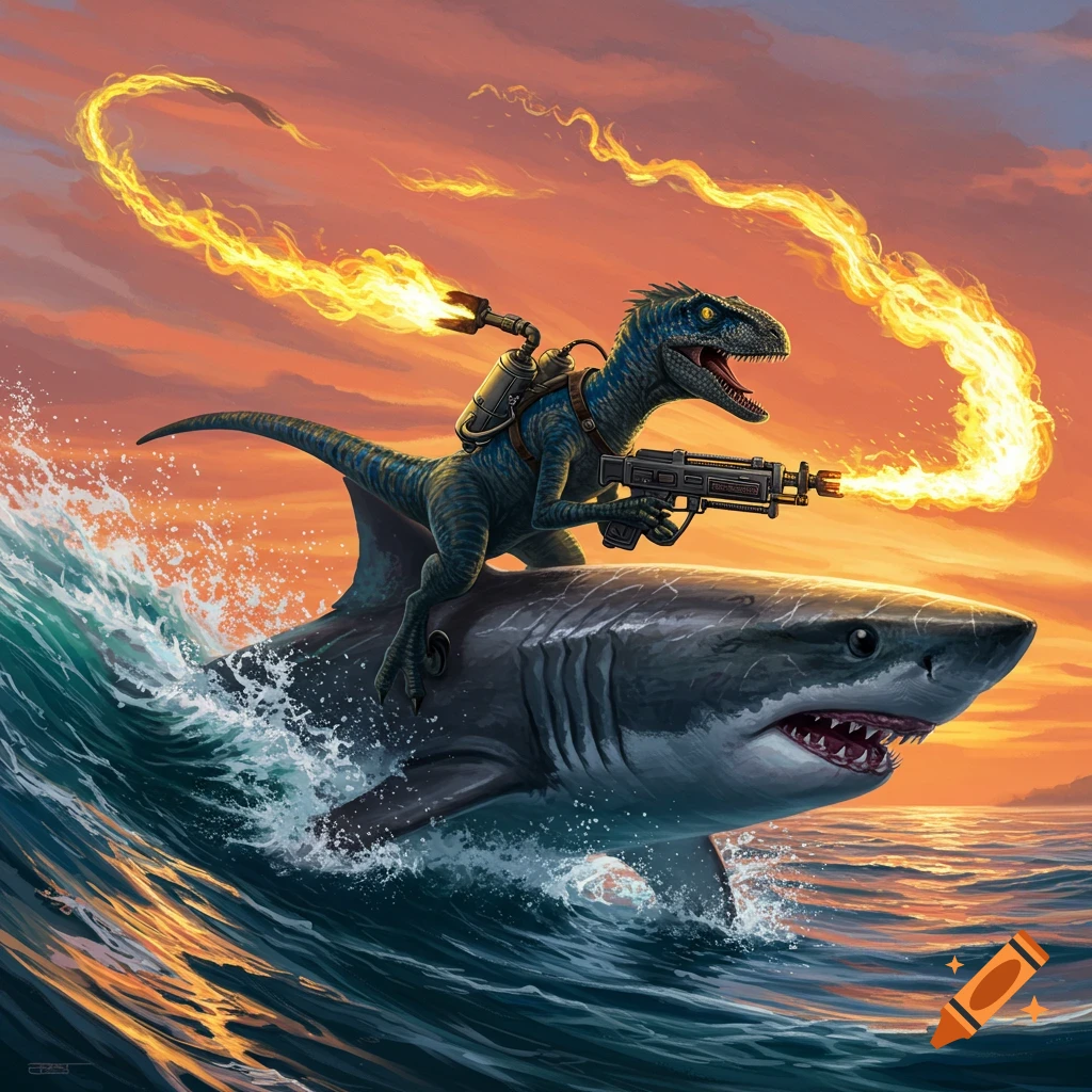 A blue velociraptor with a flamethrower rides on the back of a great white shark through ocean waves at sunset, leaving a fiery trail.