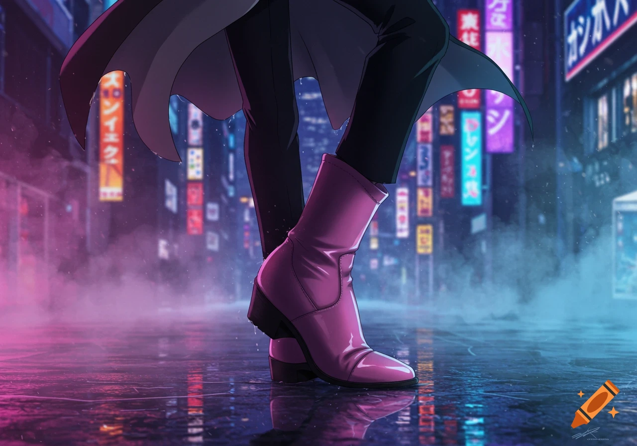 Anime-style illustration of a person in a trench coat and pink boot on a wet, neon-lit cyberpunk city street.