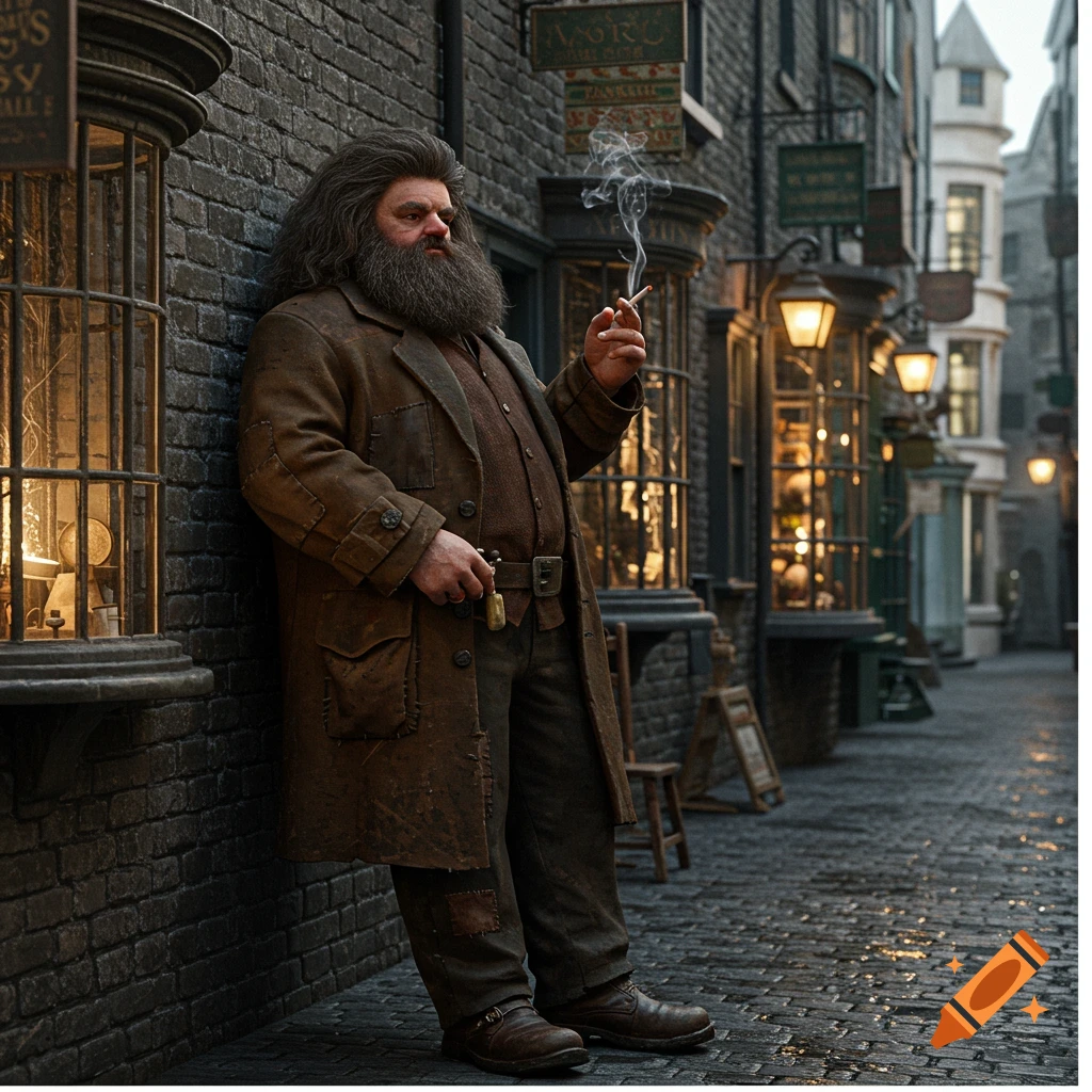 Hyperrealistic image of a large, bearded man resembling Hagrid, in a brown coat, leaning against a brick wall and smoking a cigarette on a cobbled street.