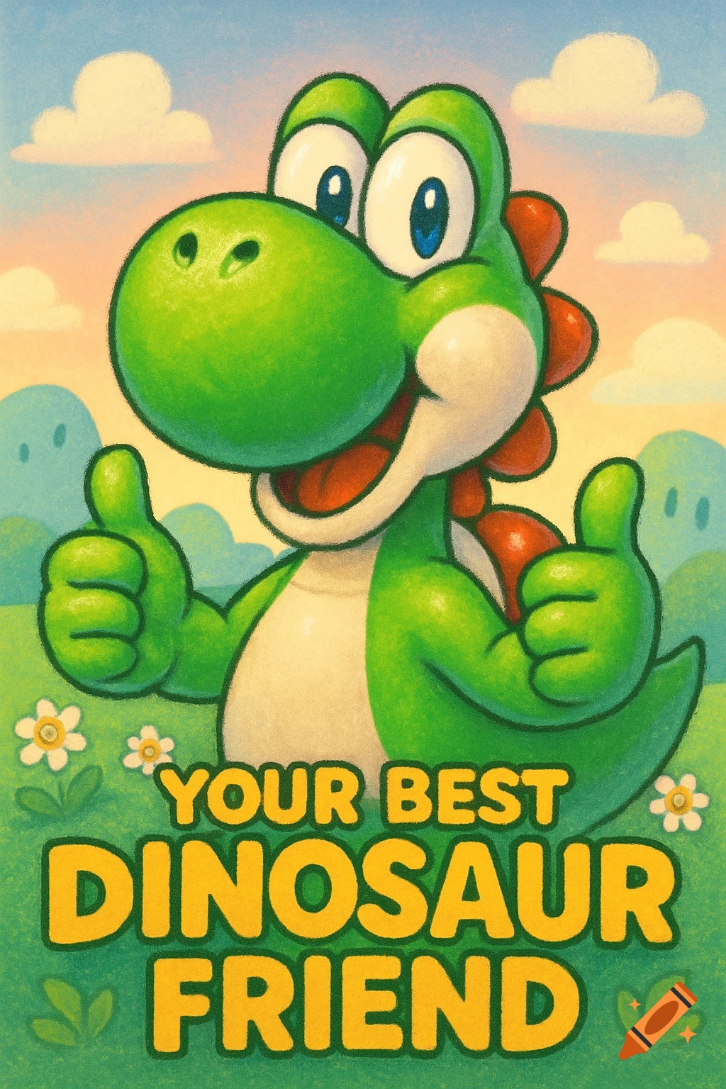 A green cartoon dinosaur, Yoshi, smiles and gives two thumbs up, with "YOUR BEST DINOSAUR FRIEND" below him in an illustrated style.