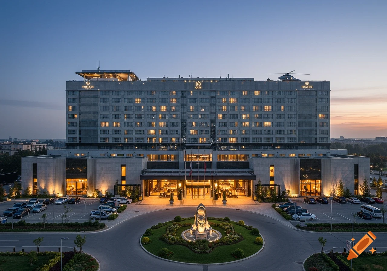 A grand, modern hotel building with illuminated windows, a large parking lot, a circular drive with a fountain, and a helicopter on the roof at dusk.
