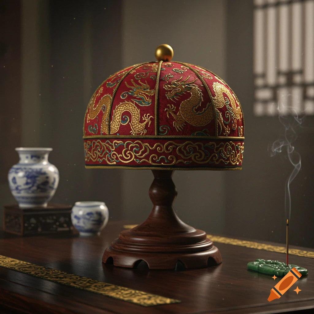 A richly embroidered red and gold Mandarin hat on a wooden stand, resting on a dark wooden table with a blue and white vase and burning incense.